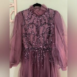 Purple long sleeves high neck evening dress fully lined